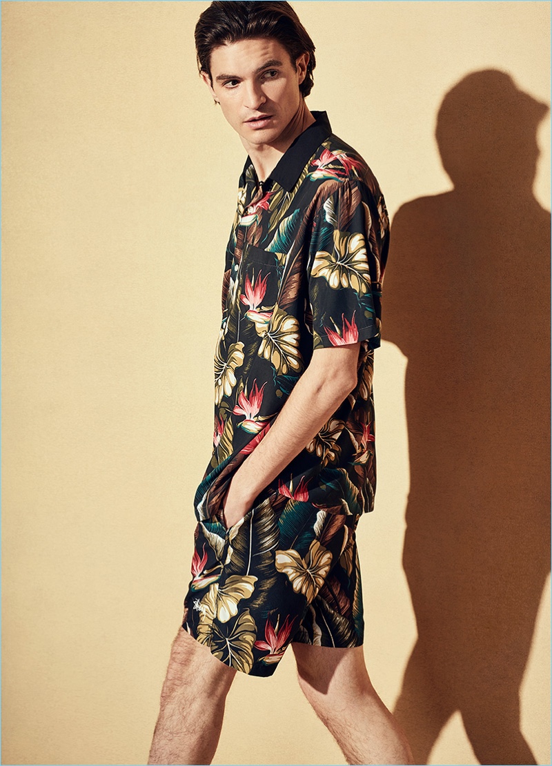 Double down on prints with a Stüssy camp-collar printed matte-satin shirt $170 and slim-fit long length printed swim shorts $85.