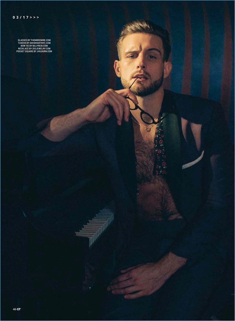 Victoria Will photographs Nico Tortorella in a David Hart tuxedo with a Billy Reid bow-tie, 301 necklace and J.Hilburn pocket square.
