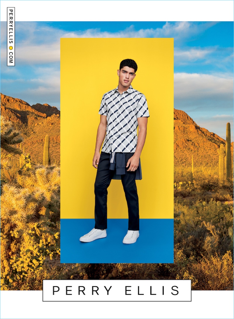 Torin Verdone goes casual in a graphic short-sleeve shirt and pants for Perry Ellis' spring-summer 2017 campaign.