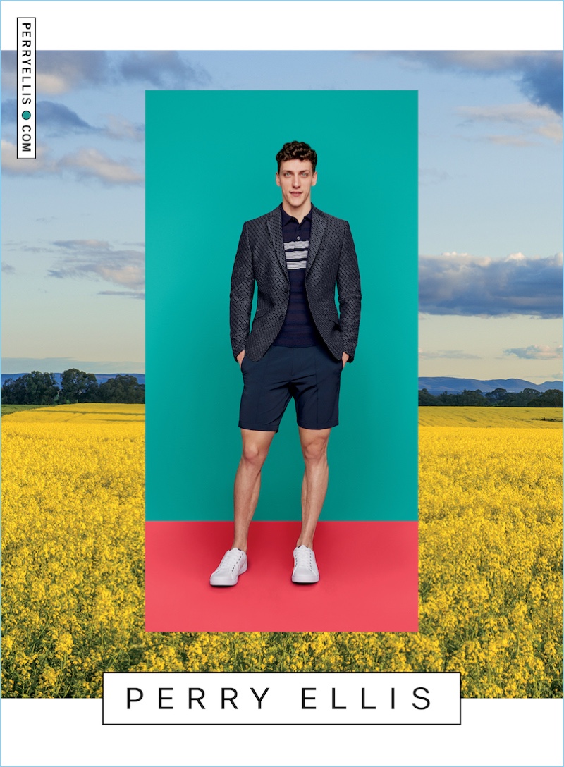 Lane Foster sports Perry Ellis twill tech shorts $59.50 with a smart polo and sport jacket for the brand’s spring-summer 2017 campaign.