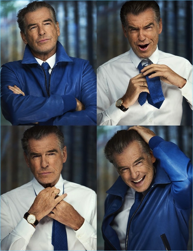 A man of many faces, Pierce Brosnan sports a shirt and blue leather Dolce & Gabbana jacket. Brosnan also wears a Luciano Barbera tie and Blancpain Villeret ultra-slim watch.