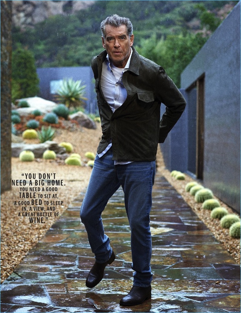 Christian Anwander photographs Pierce Brosnan in a jacket, jeans, and boots by Tom Ford. Brosnan also wears a BOSS shirt and t-shirt. 