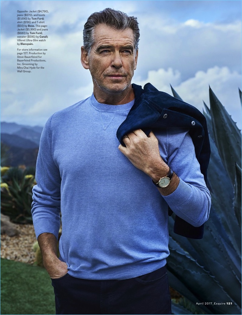 Starring in an Esquire photo shoot, Pierce Brosnan wears a jacket and jeans by Tom Ford with a Canali sweater.