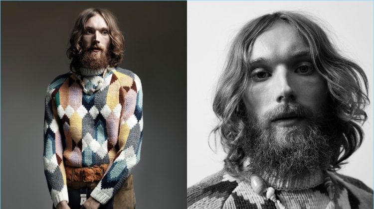 Aiden Andrews channels a bohemian look in a multicolored Prada sweater for the brand's Nonconformists campaign.