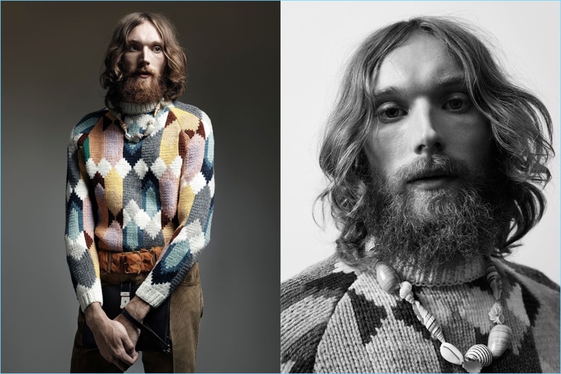 Aiden Andrews channels a bohemian look in a multicolored Prada sweater for the brand's Nonconformists campaign.