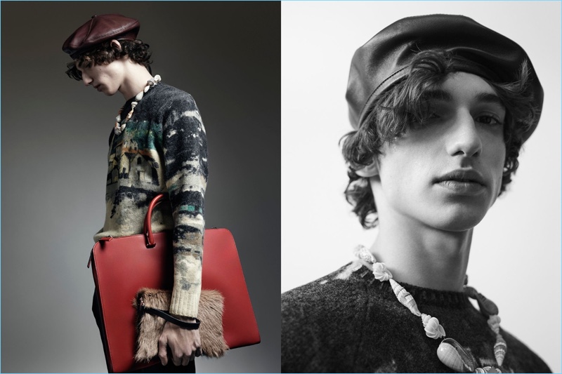 Adam Osborne sports a leather beret and graphic sweater for Prada's Nonconformists campaign.