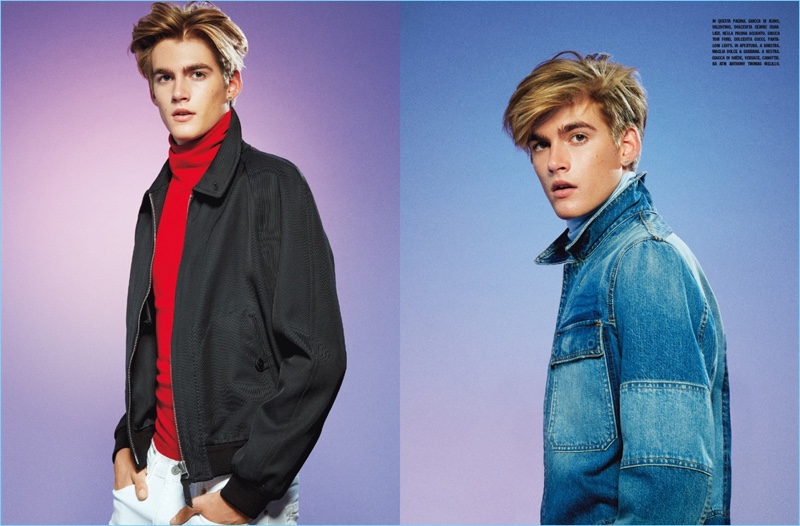 Left: Model Presley Gerber sports a Gucci turtleneck with a Tom Ford jacket and Levi's white jeans. Right: Presley wears a denim jacket by Valentino.