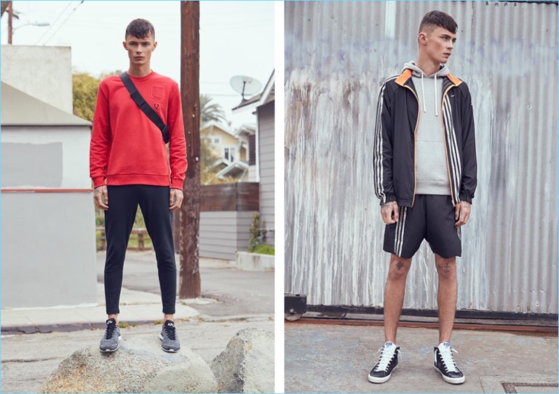 Left: Simon Kotyk wears a red Fred Perry x Raf Simons denim pocket sweatshirt $200, Puma Select x Stampd track pants $120, Athletic Propulsion Labs: APL techloom pro sneakers $140, and Herschel Supply Co. fanny pack $45. Right: Simon sports an Adidas x Kolor track jacket $295 and shorts $175. The model also wears a Reigning Champ core pullover hoodie $130 and Golden Goose slide sneakers $495.