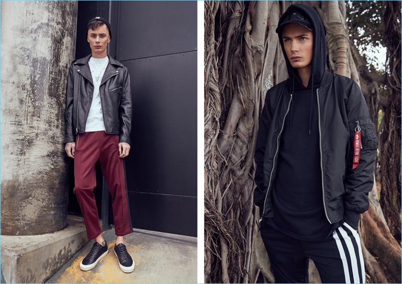 Left: Simon Kotyk wears an Understated leather biker jacket $510, Satisfy moth eaten tee $129, Fred Perry contrast panel track pants $130, Vans Old Skool Weave DX sneakers $100, and a Nudie Jeans Nilsson knit beanie $59. Right: Simon sports an Alpha Industries L 2B Scout bomber jacket $140, John Elliott hoodie $228, and Athletic Propulsion Labs: APL Ascend sneakers $195. The model also wears Y-3 3 stripes pants $235 and a visor cap $75.