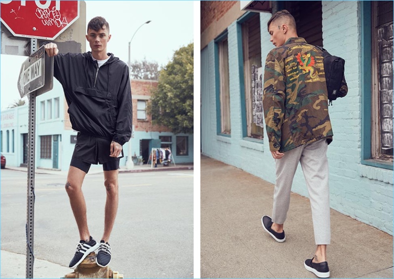 Left: Going sporty, Simon Kotyk wears a T by Alexander Wang anorak $485 and Satisfy short distance 8" shorts $205. Simon also wears a Y-3 classic tee $90 and Yohji Run sneakers $320. Right: Simon wears an Alpha Industries Dragon Tour camouflage field coat $225, Satisfy pants $270, and Common Projects slip-on perforated sneakers $444. The model also accessorizes with a Herschel Supply Co. fanny pack $45.
