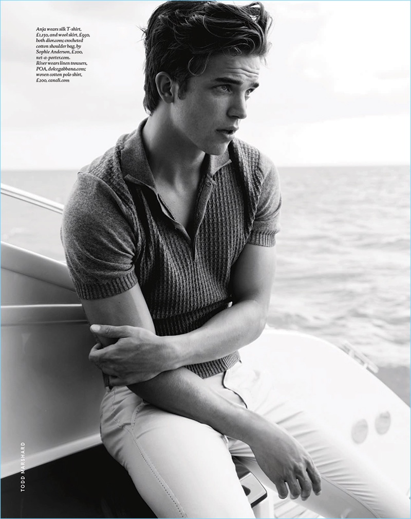 Appearing in a black and white image, River Viiperi wears a Dolce & Gabbana linen trousers with a Canali polo.