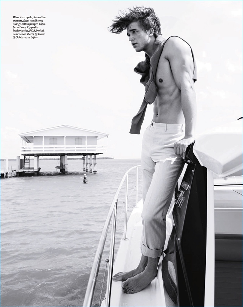 Starring in an editorial for Boat International, River Viiperi sports Canali trousers and a Berluti sweater.