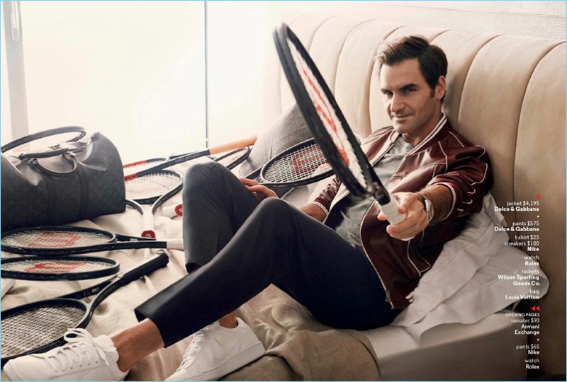 Relaxing, Roger Federer sports a Dolce & Gabbana leather jacket and pants with a Nike t-shirt and Rolex watch.