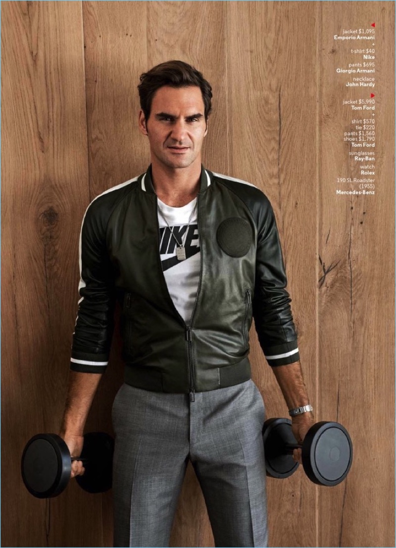 Front and center, Roger Federer wears an Emporio Armani jacket with a Nike t-shirt, Giorgio Armani trousers, and a John Hardy necklace.