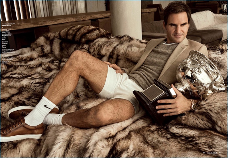 Craig McDean photographs Roger Federer in a Ralph Lauren sports jacket, t-shirt, sweater, shorts, and sneakers with Nike socks.