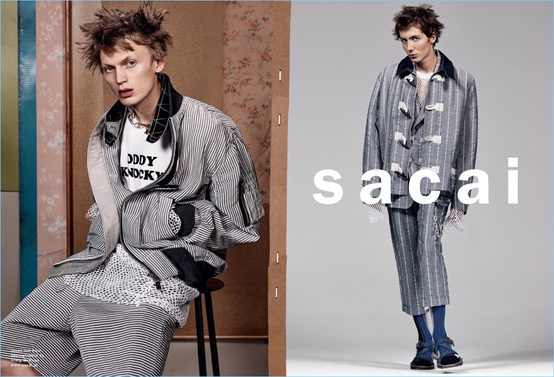 Left: Jonas Glöer wears a Sacai ODDY KNOCKY t-shirt $178.05, stripe blouson jacket $1,519, and shorts $656.45. Right: Paul Hameline wears a striped duffle jacket and cropped trousers by Sacai.