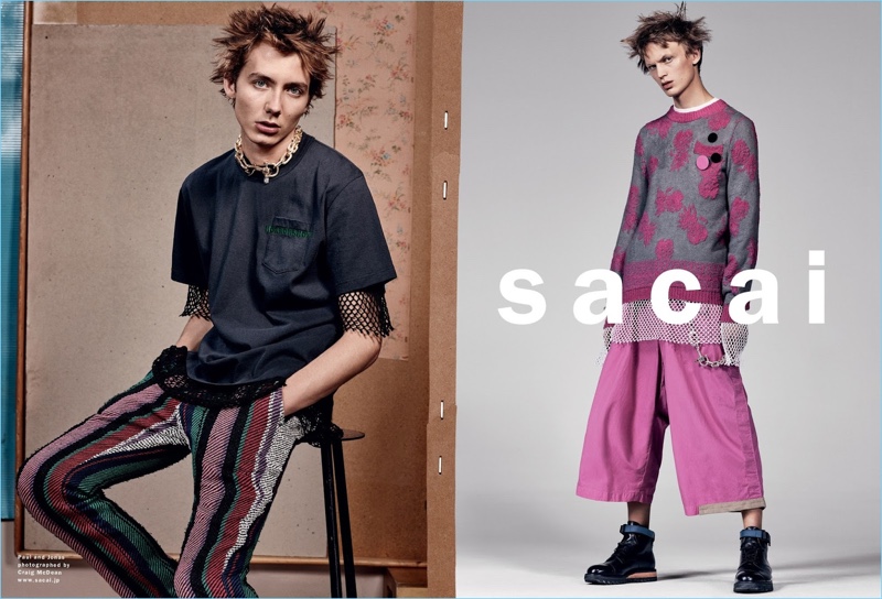 Left: Paul Hameline wears a Sacai patch pocket tee $178.63 with colorful striped pants. Right: Jonas Glöer models a pink and grey pineapple knit pullover sweater $523 with pink overdyed shorts $634 from Sacai.