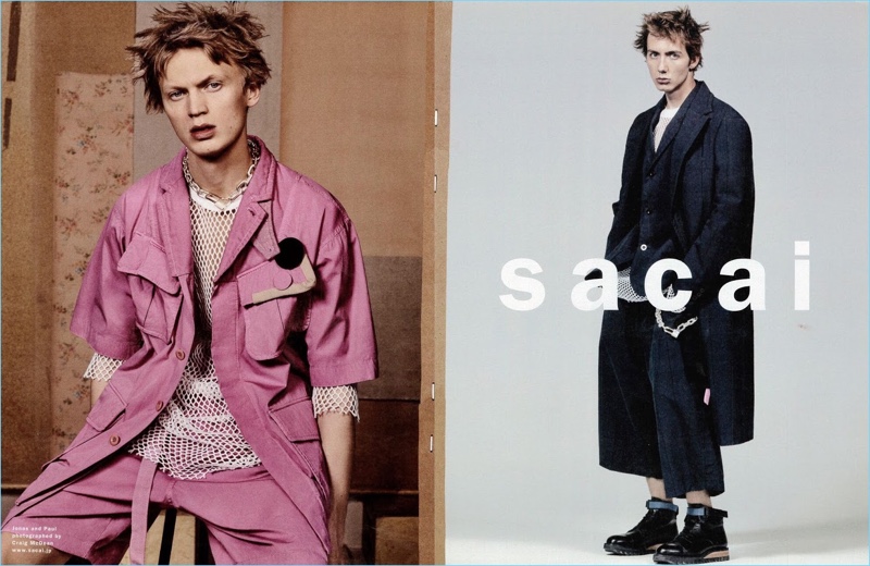Left: Jonas Glöer sports pink Sacai tailored shorts $575 with a mesh top and flap pocket shirt. Right: Paul Hameline sports a navy oversized look from Sacai.