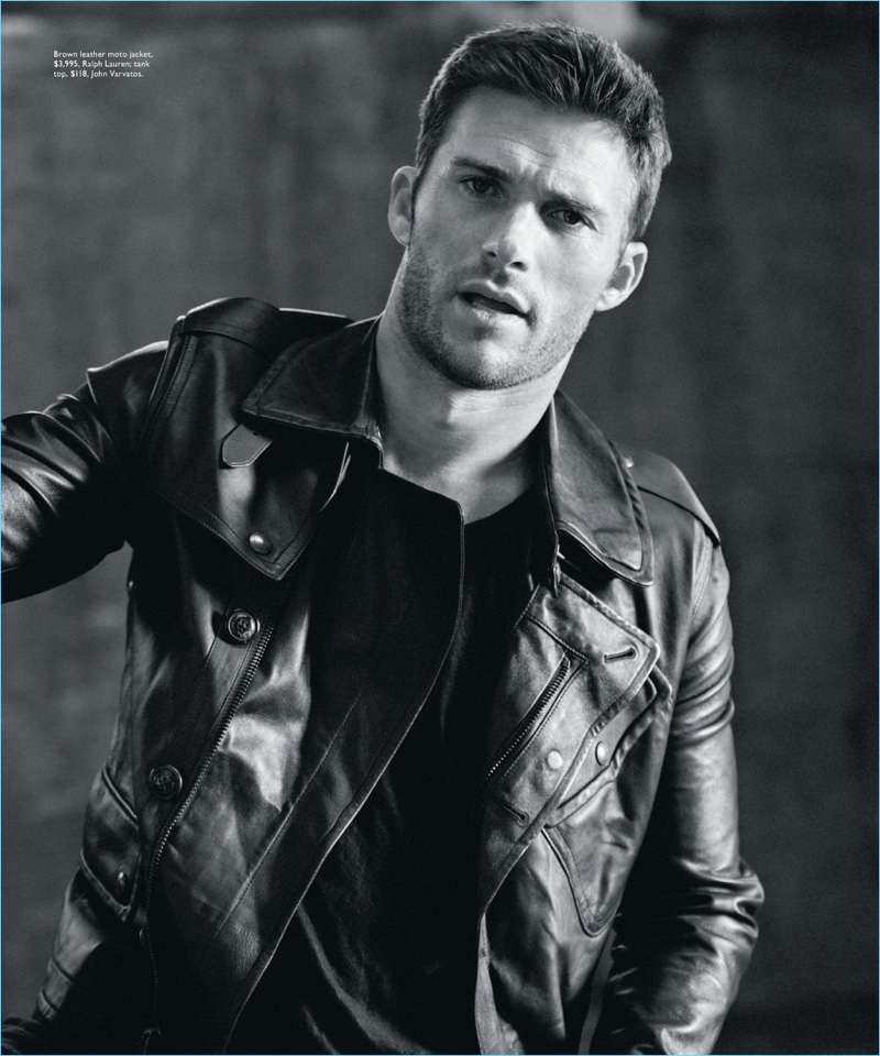 Actor Scott Eastwood wears a Ralph Lauren leather jacket with a John Varvatos tank.