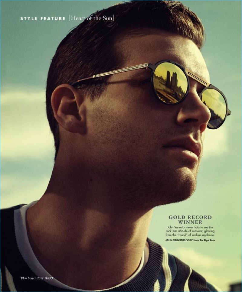 Starring in an editorial for 20/20 magazine, Sean Harju wears John Varvatos VS17 sunglasses.