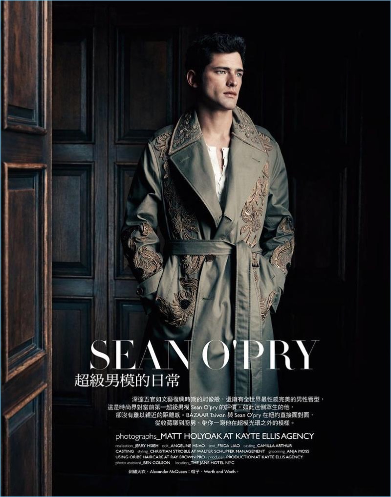 Model Sean O'Pry dons a regal Alexander McQueen coat for Harper's Bazaar Man Taiwan.