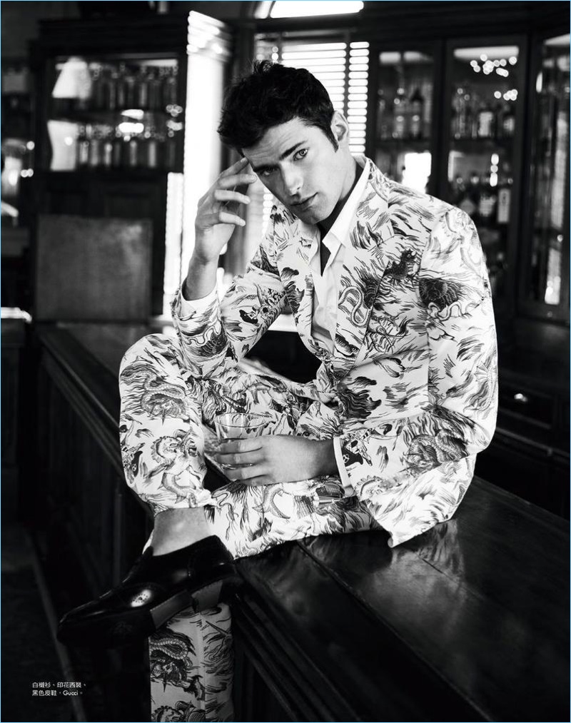 Matt Holyoak photographs Sean O'Pry in a print suit from Italian fashion house, Gucci.