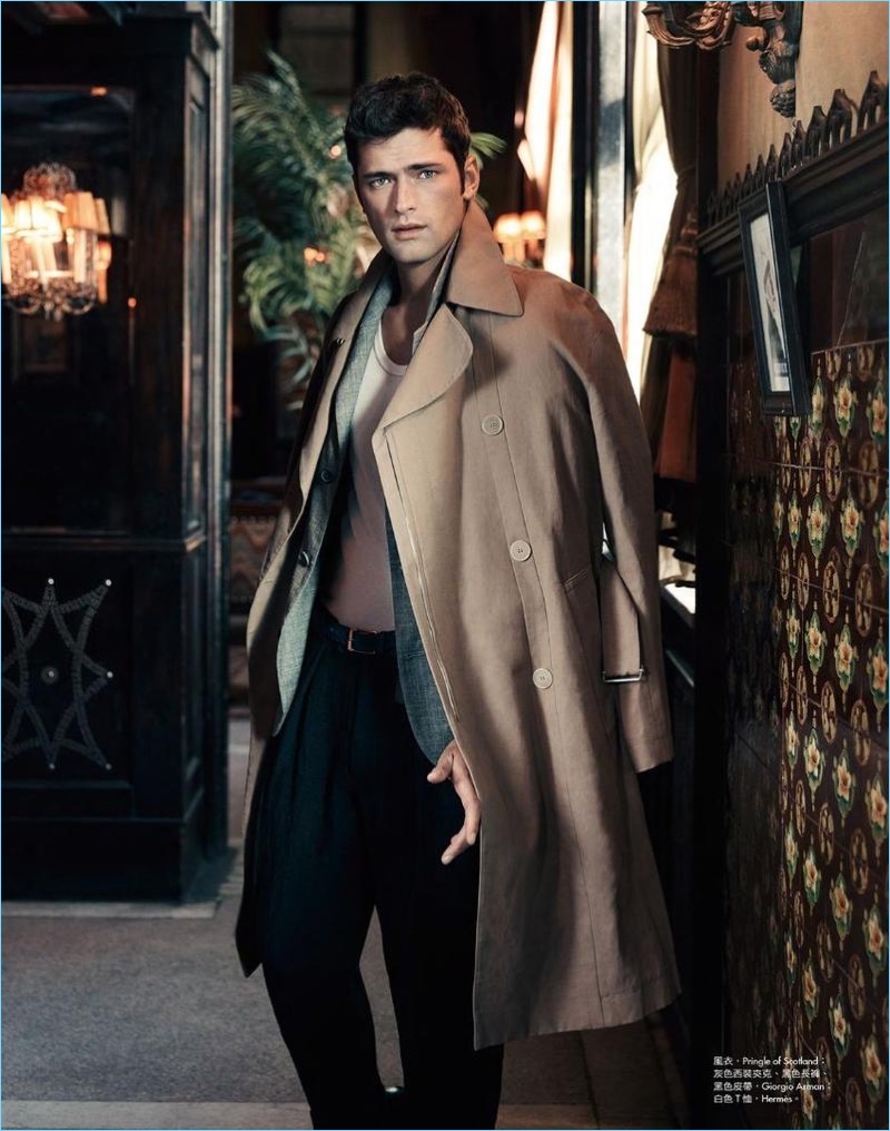 American model Sean O'Pry wears Pringle of Scotland, Giorgio Armani, and Hermes.