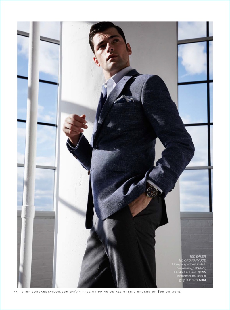 American model Sean O'Pry sports a maroon Ted Baker donegal sportcoat $395 and grey micro-check trousers $150.