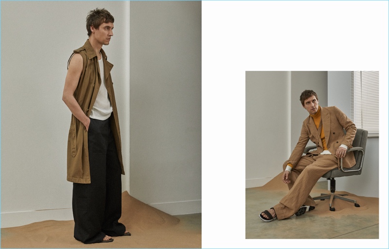 Left: Sebastien Andrieu wears a sleeveless Louis Vuitton trench with an Issey Miyake tank, Dior Homme oversized trousers. Sebastien's look is complete with Louis Vuitton sandals. Right: Sebastien dons a Dries Van Noten suit, Gucci turtleneck, Alexander McQueen henley, and Hermes sandals.