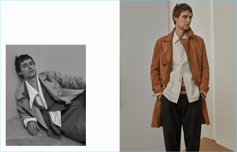 Left: Sebastien Andrieu dons a Jil Sander coat with a jacket and trousers by Giorgio Armani. The top model also wears a Burberry shirt. Right: Sebastien stuns in an Ermenegildo Zegna suede trench coat with Dolce & Gabbana trousers, a COS jacket, and AMI vest.