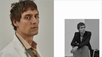 Left: Sebastien Andrieu wears a Dolce & Gabbana linen jacket with an E.Tautz blazer and Dior Homme shirt. Right: Sebastien wears a suit and shirt by Saint Laurent.