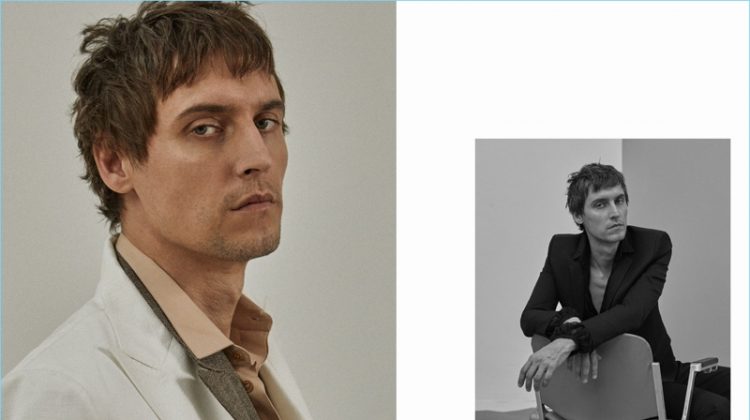 Left: Sebastien Andrieu wears a Dolce & Gabbana linen jacket with an E.Tautz blazer and Dior Homme shirt. Right: Sebastien wears a suit and shirt by Saint Laurent.