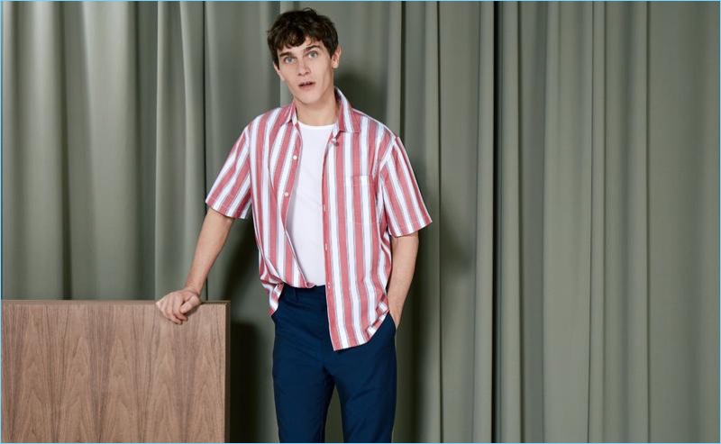 Making a striped statement, Vincent LaCrocq rocks a Stella McCartney pink camp collar shirt $345.