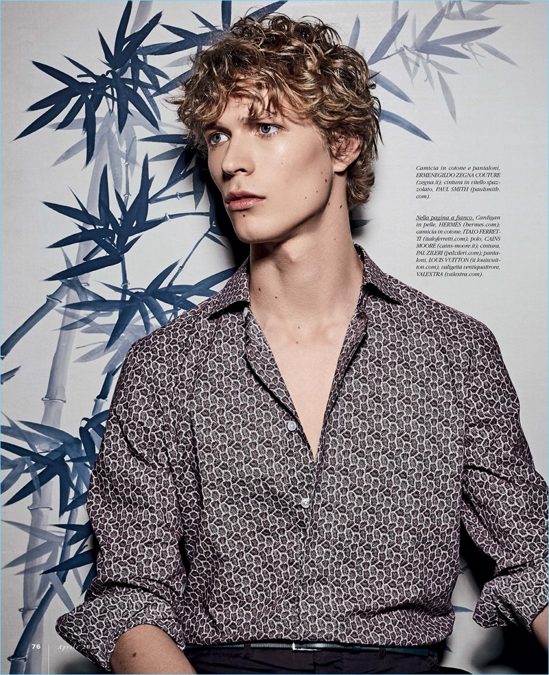 Appearing in an editorial for Gentleman magazine, Sven de Vries wears a patterned shirt and trousers by Ermenegildo Zegna Couture. Sven also sports a Paul Smith belt.