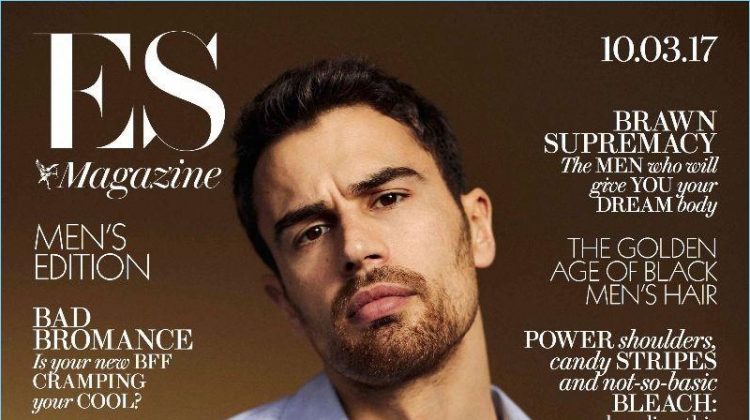 Crossing his arms, Theo James covers ES magazine.