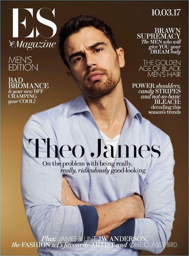 Crossing his arms, Theo James covers ES magazine.
