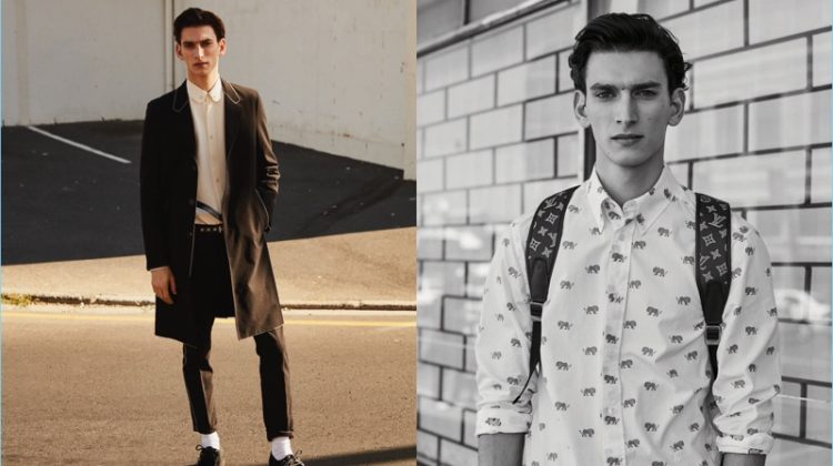 Thibaud Charon sports looks from Louis Vuitton for the pages of L'Officiel Hommes Germany.