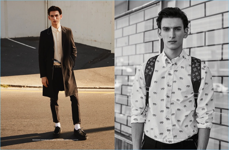 Thibaud Charon sports looks from Louis Vuitton for the pages of L'Officiel Hommes Germany.