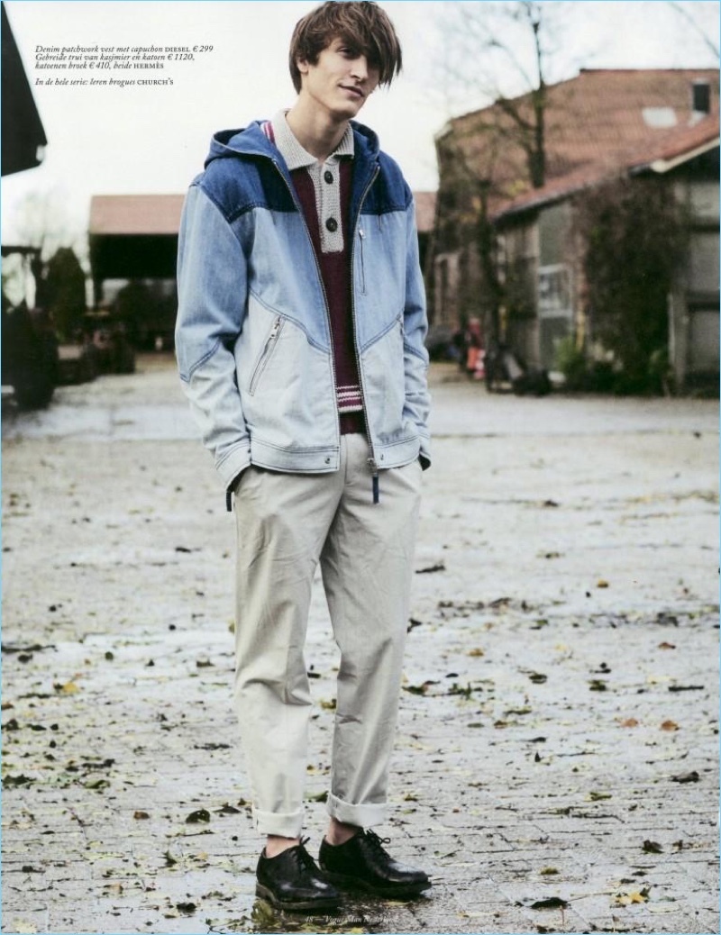Tim Dibble sports a denim patchwork hooded jacket from Diesel with pants and a knit polo by Hermes. The model also wears Church's shoes.