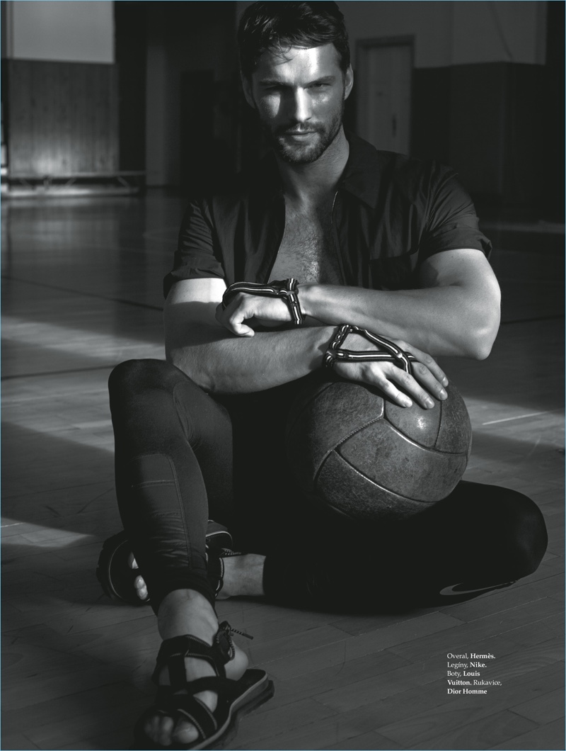 Jan Kralicek outfits Tomas Skoloudik in a Hermes shirt with Nike leggings and Louis Vuitton sandals.