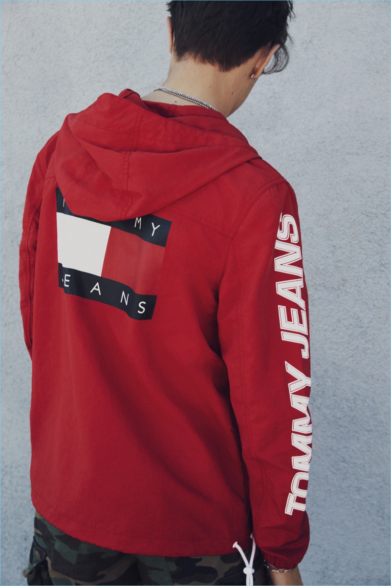 Social influencer Anwar Hadid sports a Tommy Jeans red hooded jacket $199.50.