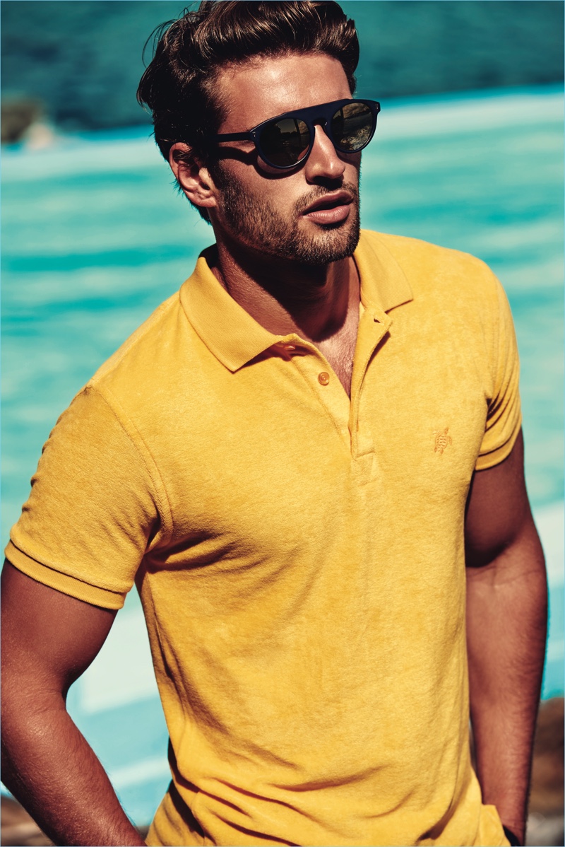 A colorful vision in yellow, Jack Tyerman wears Vilebrequin Rally sunglasses.