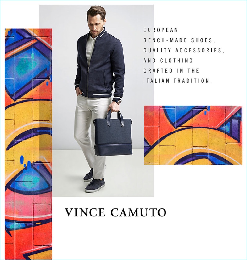 Jake Davies wears a navy Vince varsity bomber jacket $195 and a waffle-knit quarter-zip polo $95. He also sports Vince Camuto 5-pocket stretch pants $98 and suede sneakers $175. Jake's look is complete with Vince Camuto's Lupe expandable tote $248.