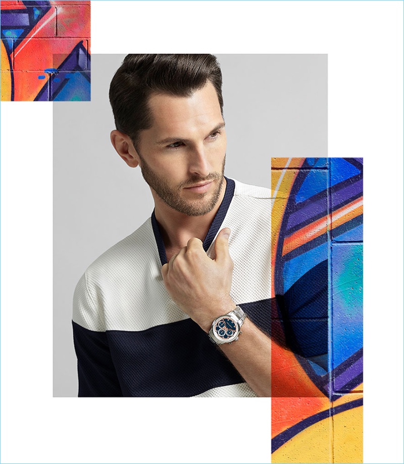 Laid-back style is front and center as Jake Davies wears a Vince Camuto mesh t-shirt $75. Jake also wears a Vince Camuto triple-subdial link watch $175.