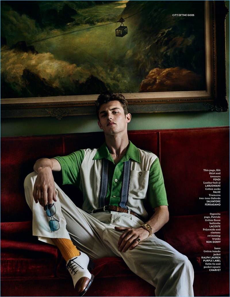 Kit Butler relaxes in a shirt and trousers by Fendi with Salvatore Ferragamo oxford shoes.