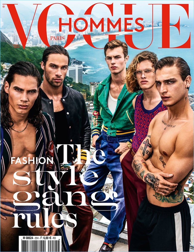 Vito Basso, Pablo Morais, Kit Butler, Ariel Rosa, and Jonathan Bellini cover the spring-summer 2017 issue of Vogue Hommes Paris.