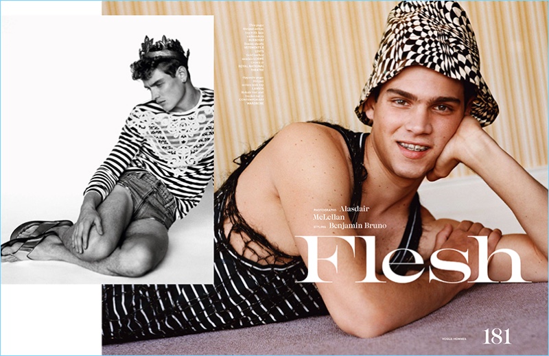 Left: Patrick O'Donnell wears a striped Burberry top with Vetements x Levi's denim shorts, and Loewe sandals. Right: Federico Spinas sports a Lanvin striped tank with a mohair vest and becket hat from Contemporary Wardrobe.