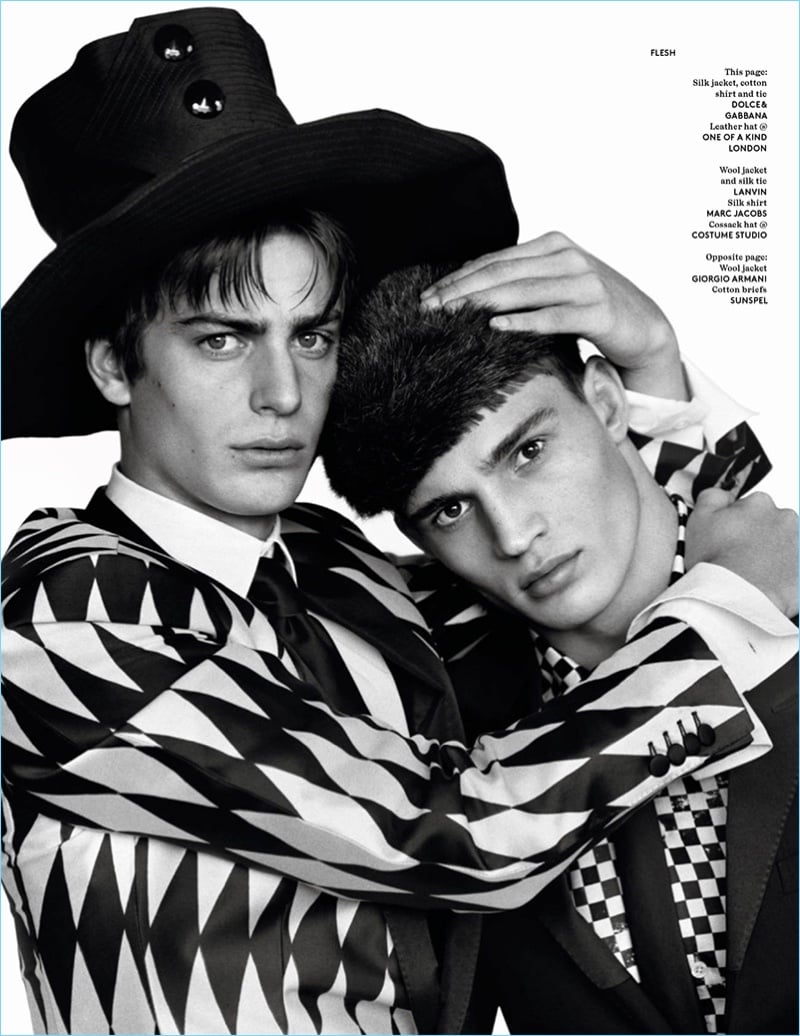 Left: Ben allen wears a silk jacket, shirt, and tie by Dolce & Gabbana. Right: Julian Schneyder dons a wool jacket and silk tie by Lanvin with a Marc Jacobs silk shirt.