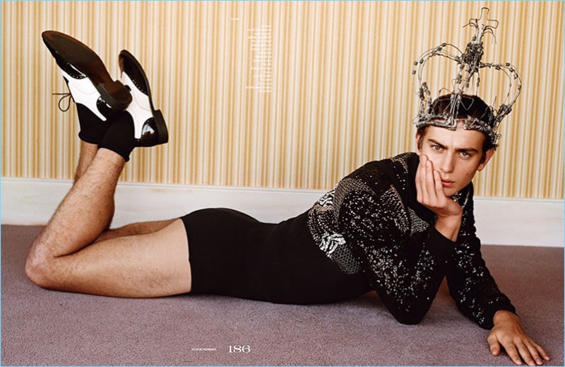 Ben Allen wears a teddy jacket by Saint Laurent with a Maison Margiela leotard, Falke socks, and Costume Studio shoes.