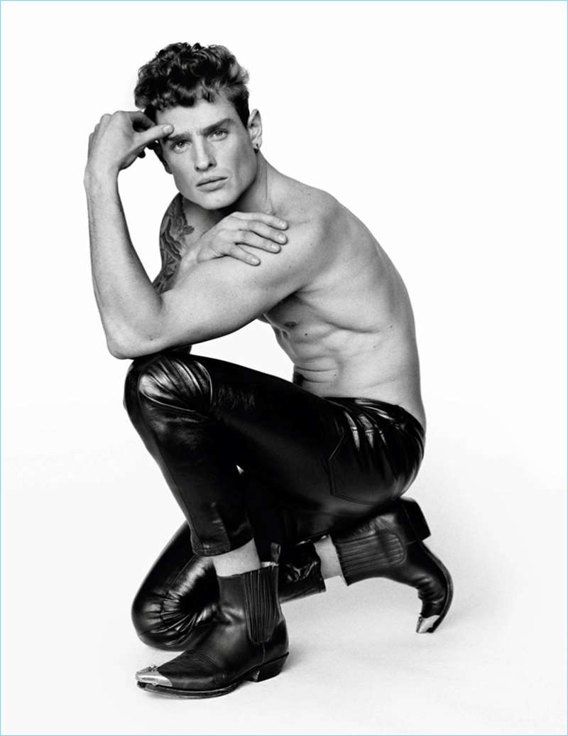Alasdair McLellan photographs Patrick O'Donnell in Coach 1941 leather pants and Academy Costumes ankle boots.